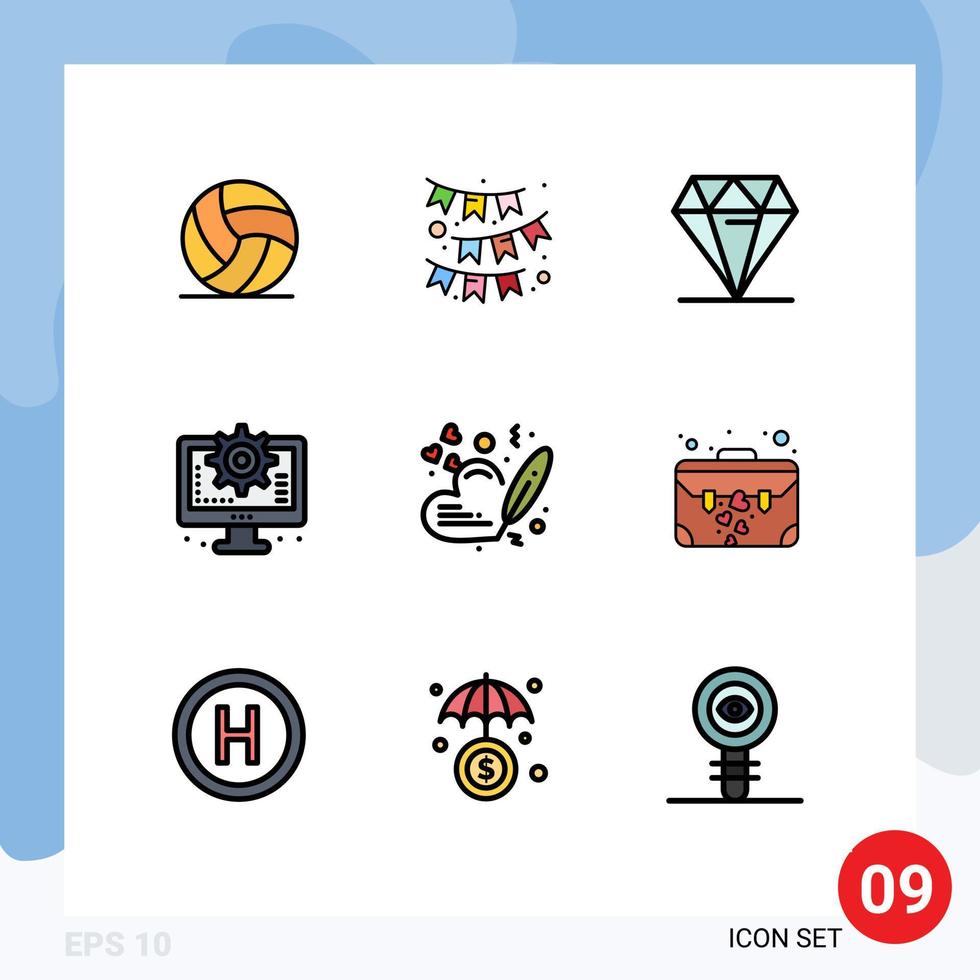 Stock Vector Icon Pack of 9 Line Signs and Symbols for love setting diamond process computer Editable Vector Design Elements