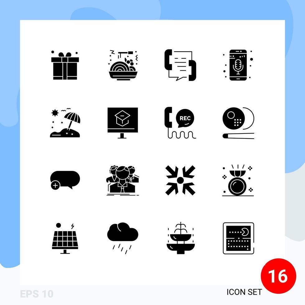 User Interface Pack of 16 Basic Solid Glyphs of umbrella phone recorder communication music recorder mobile app Editable Vector Design Elements