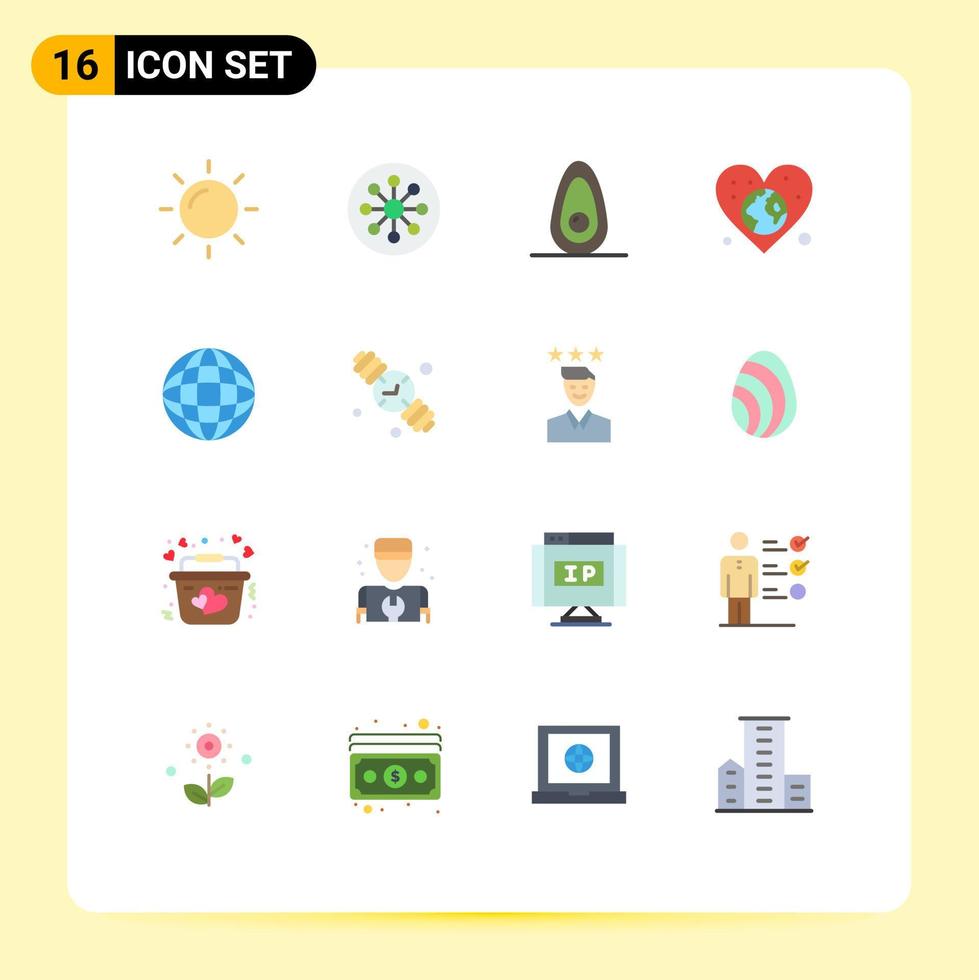 Pack of 16 Modern Flat Colors Signs and Symbols for Web Print Media such as internet day avocado love globe Editable Pack of Creative Vector Design Elements