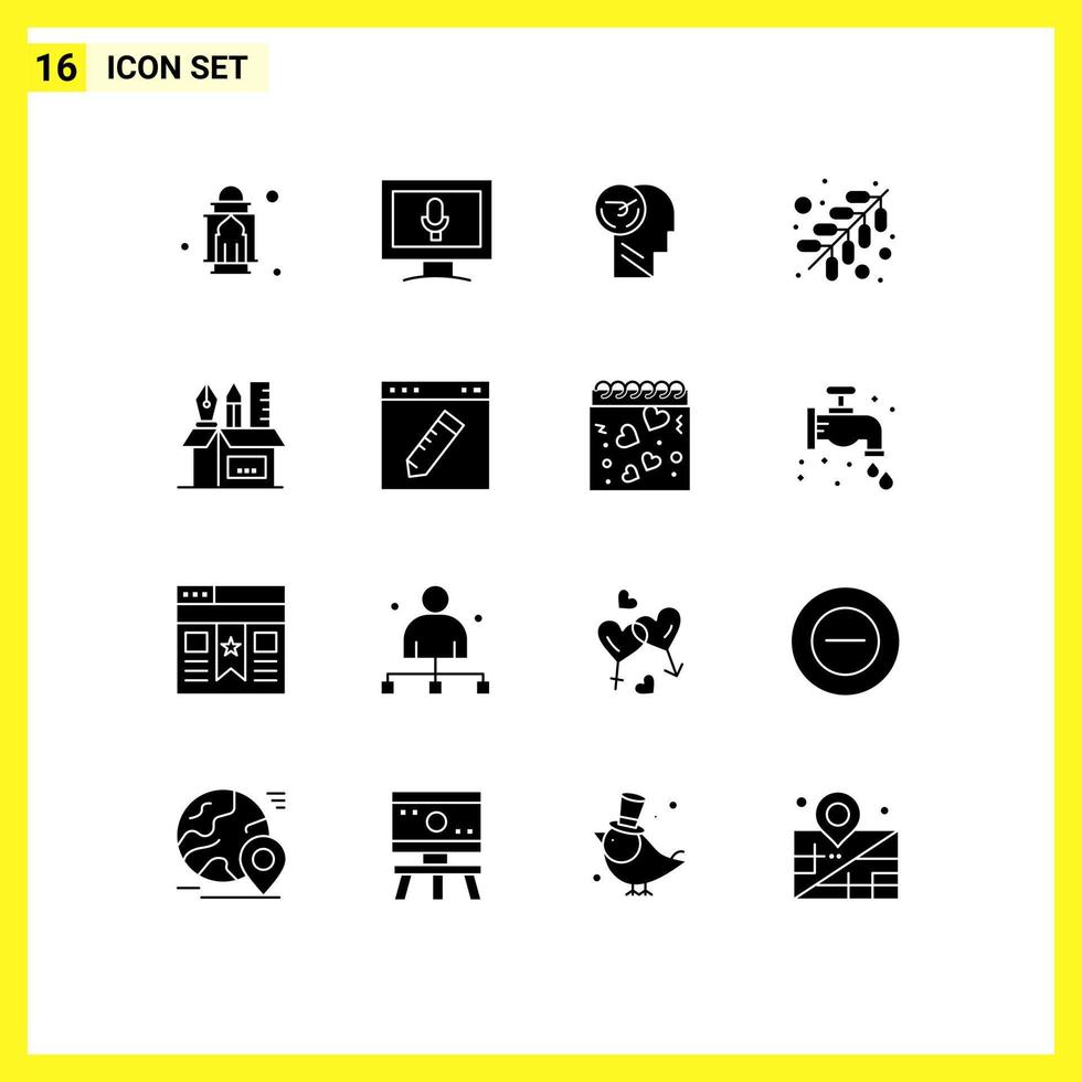 Pack of 16 creative Solid Glyphs of pen work activity religion speed Editable Vector Design Elements