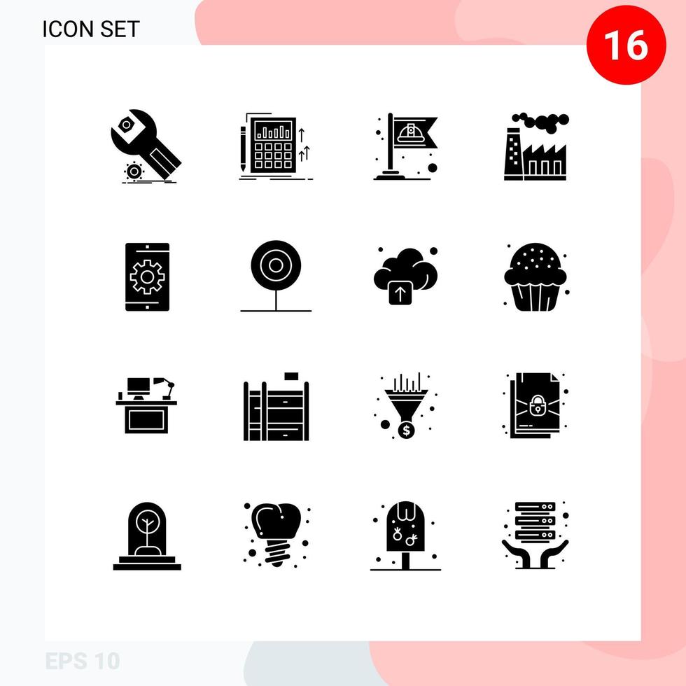 16 Thematic Vector Solid Glyphs and Editable Symbols of smoke pollution calculation factory labor Editable Vector Design Elements