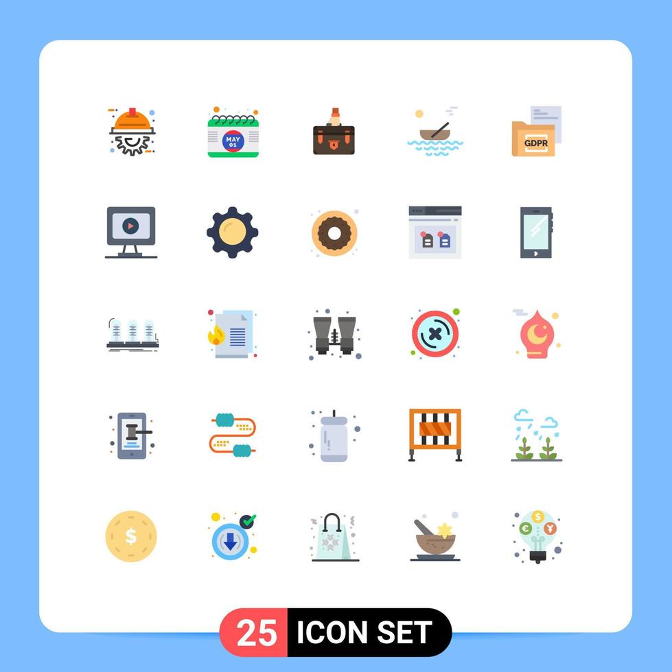 Mobile Interface Flat Color Set of 25 Pictograms of kayak boat suitcase portfolio documents Editable Vector Design Elements