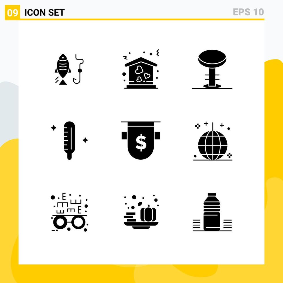 Pack of 9 Modern Solid Glyphs Signs and Symbols for Web Print Media such as bank thermometer bar medical cold Editable Vector Design Elements
