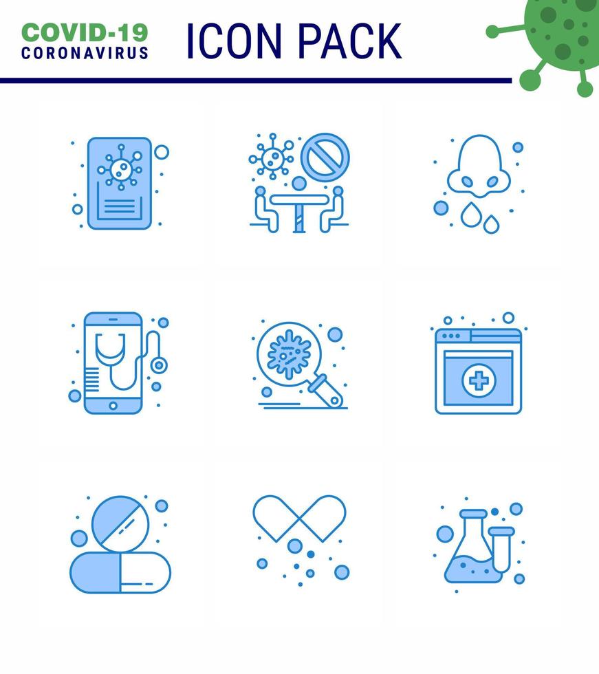 9 Blue Set of corona virus epidemic icons such as bacteria mobile cold medical health viral coronavirus 2019nov disease Vector Design Elements