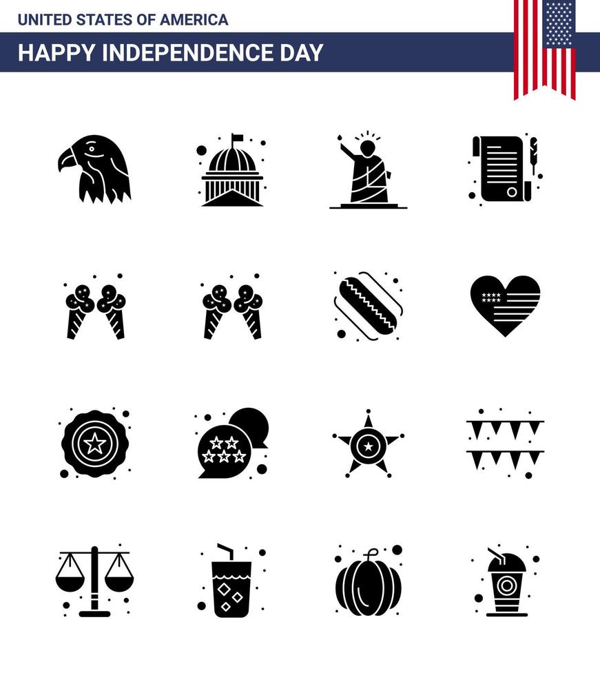 Happy Independence Day USA Pack of 16 Creative Solid Glyphs of icecream receipt white paper statue Editable USA Day Vector Design Elements