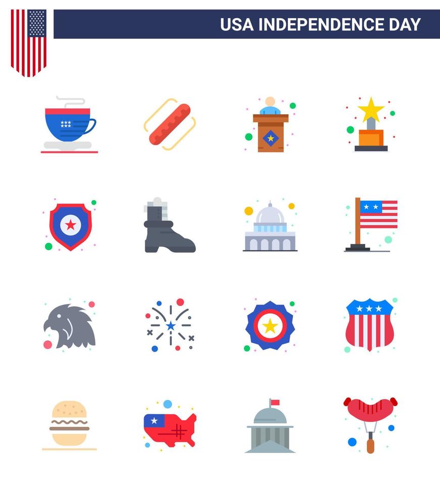 Set of 16 Vector Flats on 4th July USA Independence Day such as sign police election shield award Editable USA Day Vector Design Elements