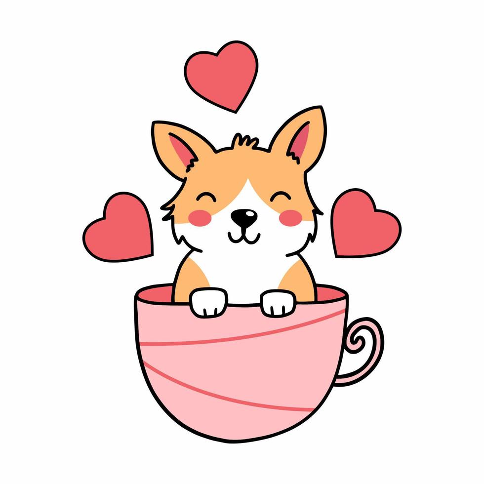 Cute corgi dog is sitting in tea mug. Vector doodle illustration for Valentine's day. Funny puppy. Sticker with  heart.