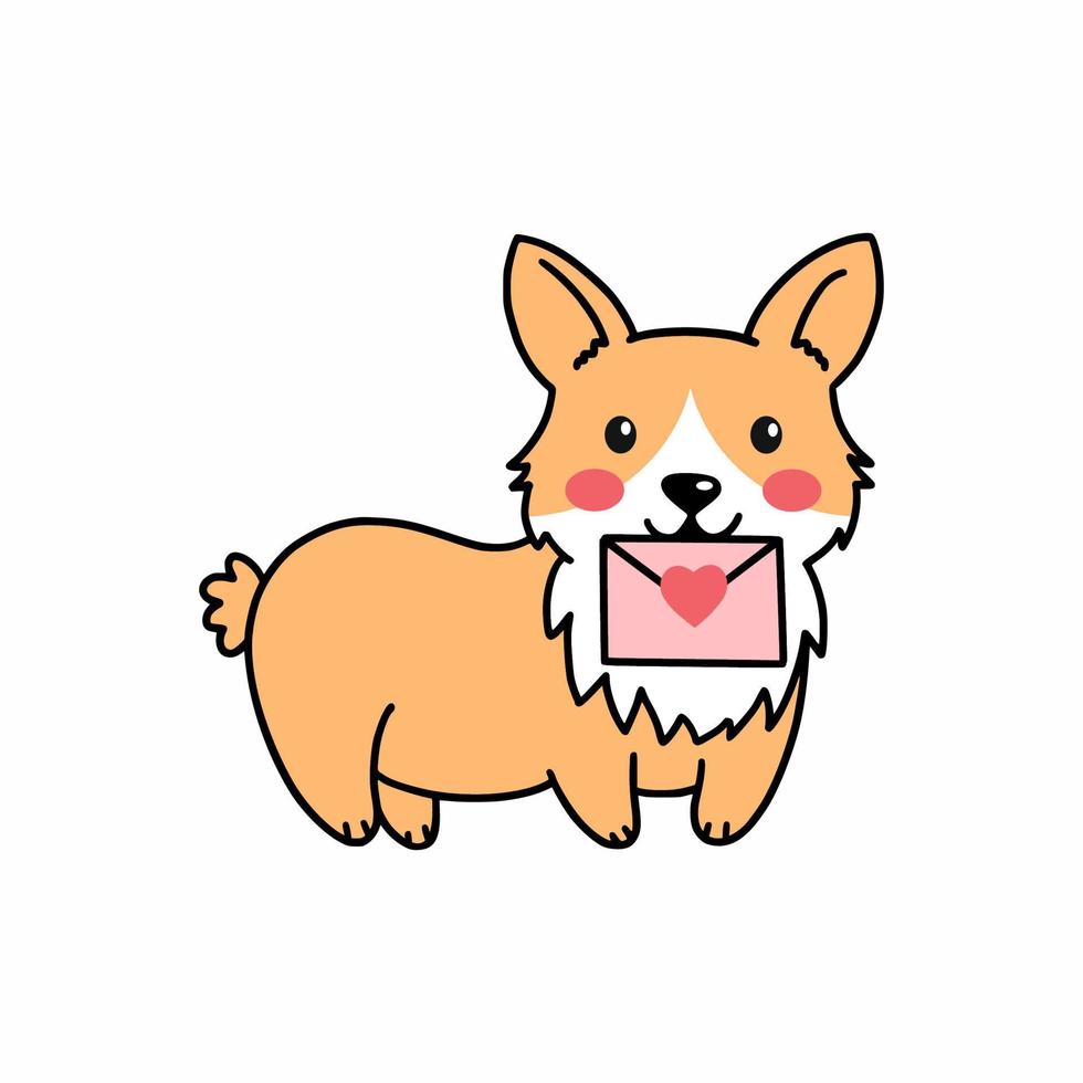 lindo perro corgi sostiene un sobre con corazón. pegatina del día de san valentín. cachorro. mascota. ilustración dibujada a mano. vector