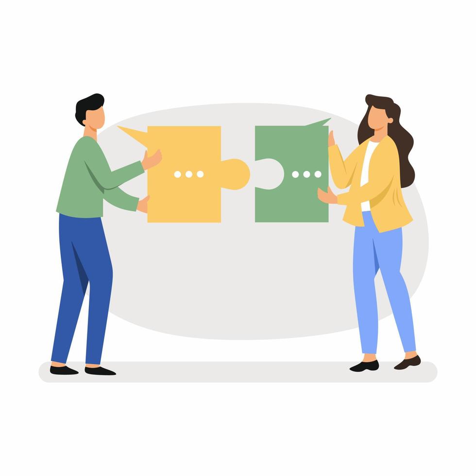 Man and woman connect two puzzles. Employees of  company. Compatibility, relationships and friendship. vector