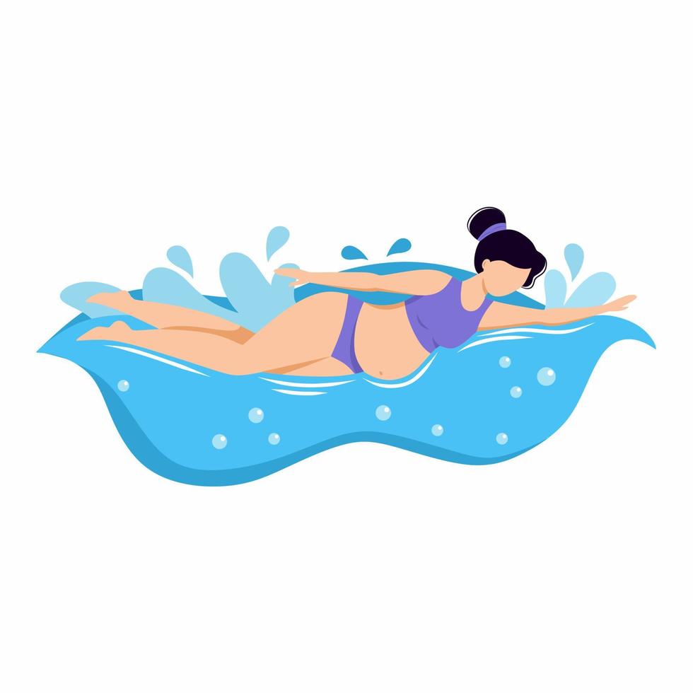 Pregnant woman is swimming in pool. Sports and recreation. Learning to swim. Pregnancy and motherhood. vector