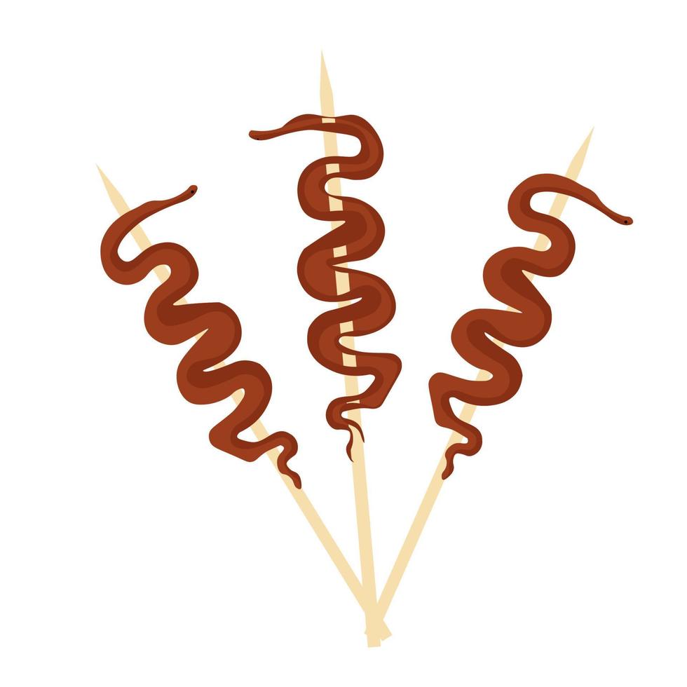 Chinese cuisine food vector. Chinese street food little snakes on a chopstiks vector illustration.