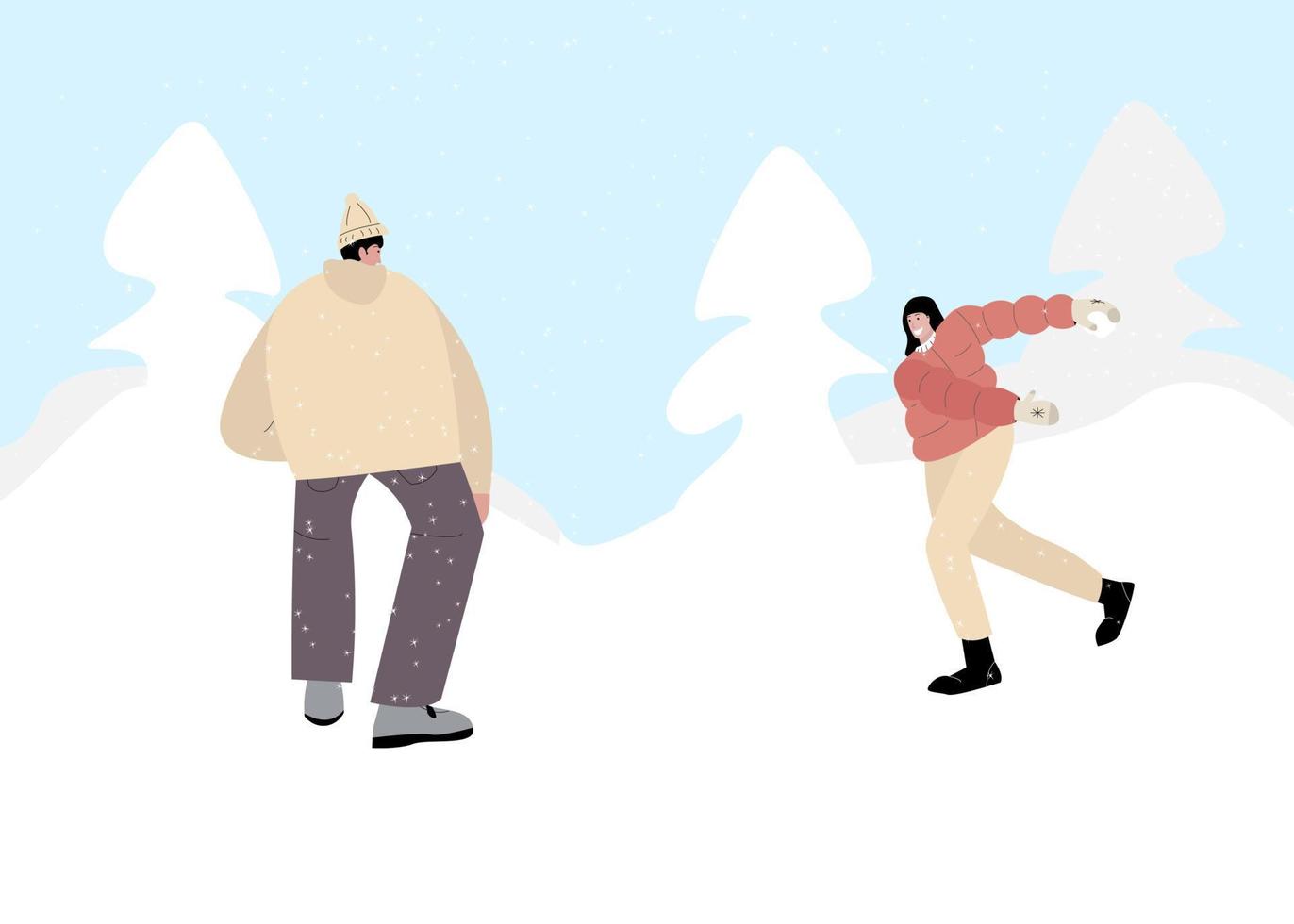 pareja de personas juegan bolas de nieve juego divertido en la ilustración de vector de paisaje de nieve de invierno. personajes de amigos de dibujos animados jugando al aire libre, disfrutando del clima helado. concepto de actividad saludable de invierno