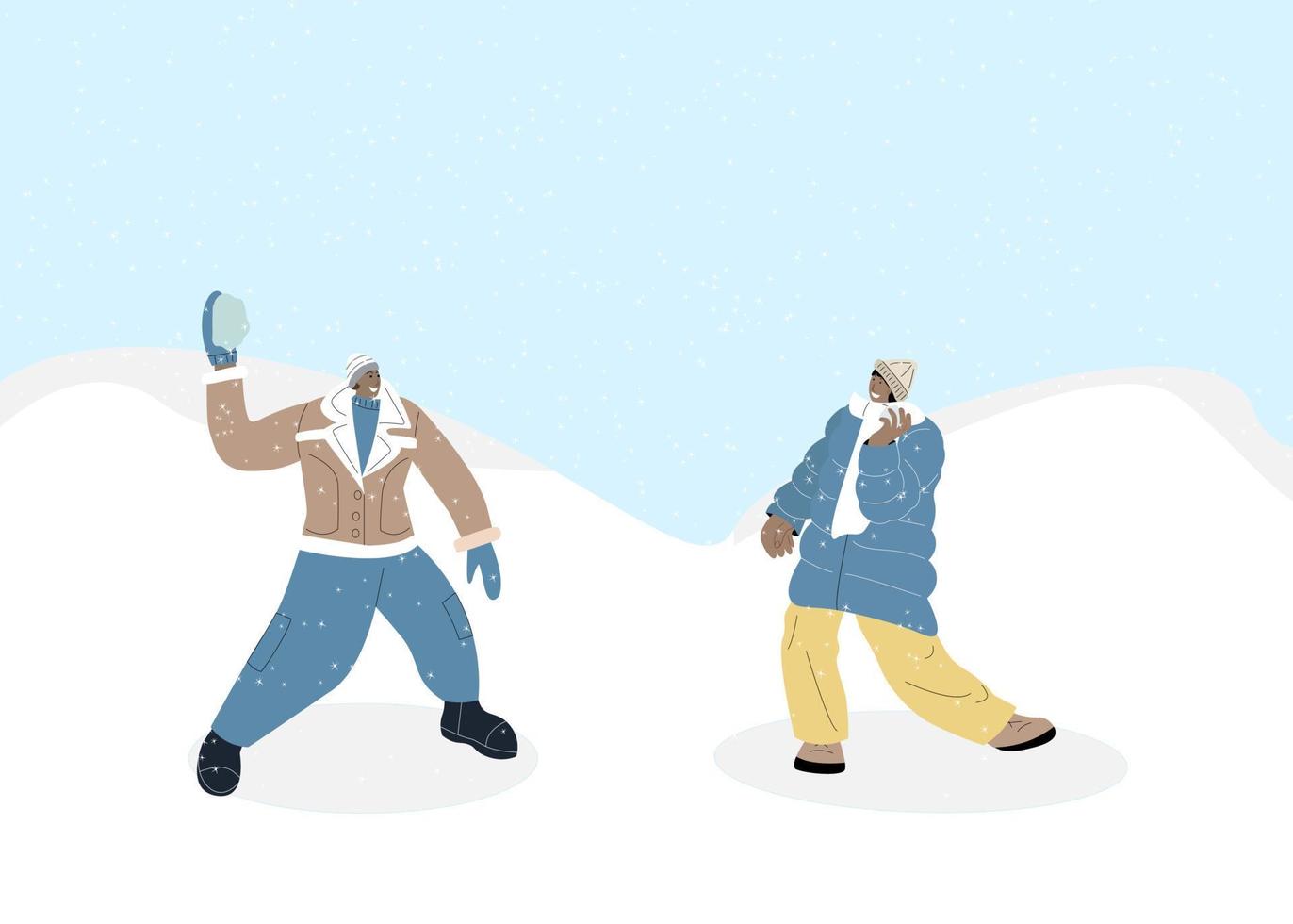 Couple people play snowballs fun game in winter snow landscape vector illustration. Cartoon friend characters playing outdoors, enjoying frost cold weather. Winter healthy activity concept