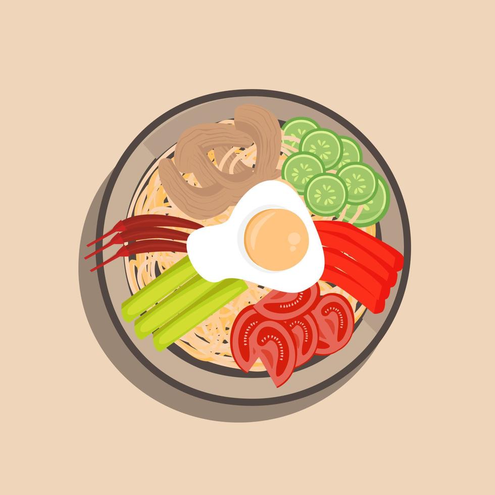 Vector illustration of Chinese national cuisine, noodles with vegetables