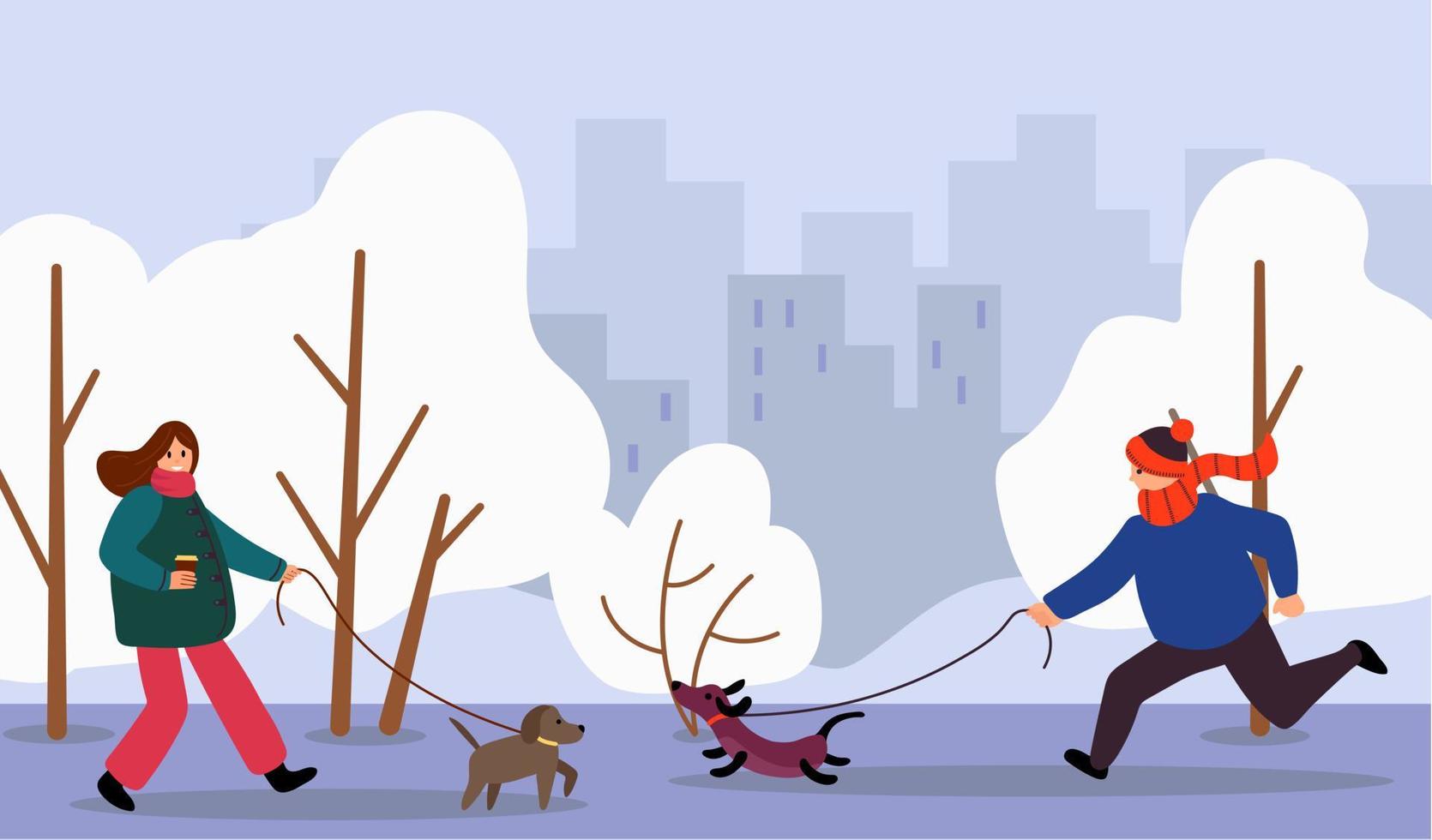 Walk Your Dog Month. People walk their dogs. flat style. vector illustration.