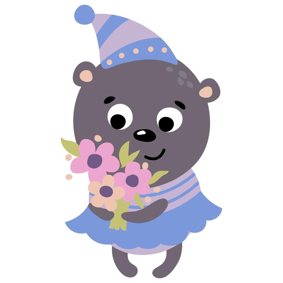 Cute hand drawn bear with flowers. Valentika. White background, isolate. Vector illustration.