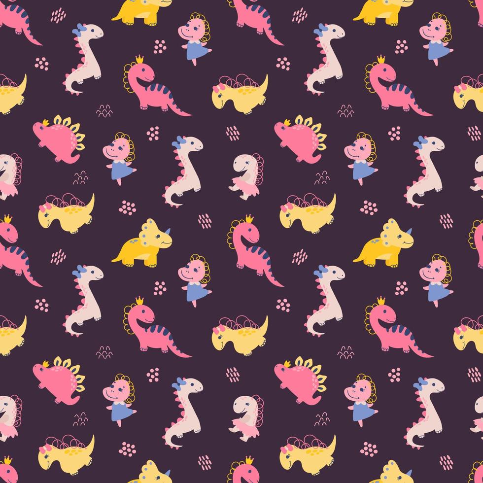 Seamless pattern with dino girls. Design for fabric, textile, wallpaper, packaging. vector