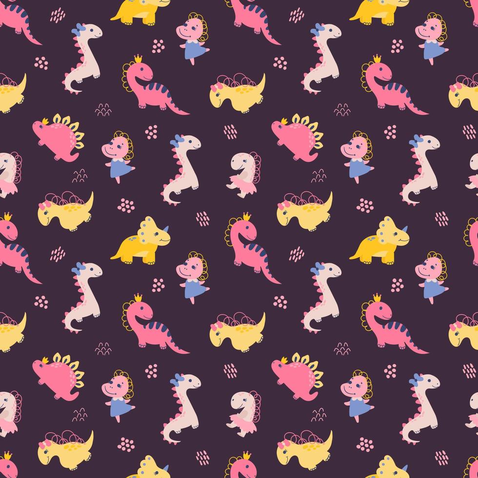 Seamless pattern with dino girls. Design for fabric, textile, wallpaper, packaging. vector