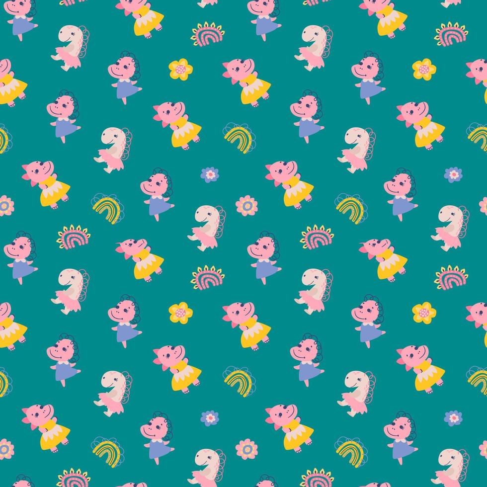 Seamless pattern with dino girls. Design for fabric, textile, wallpaper, packaging. vector