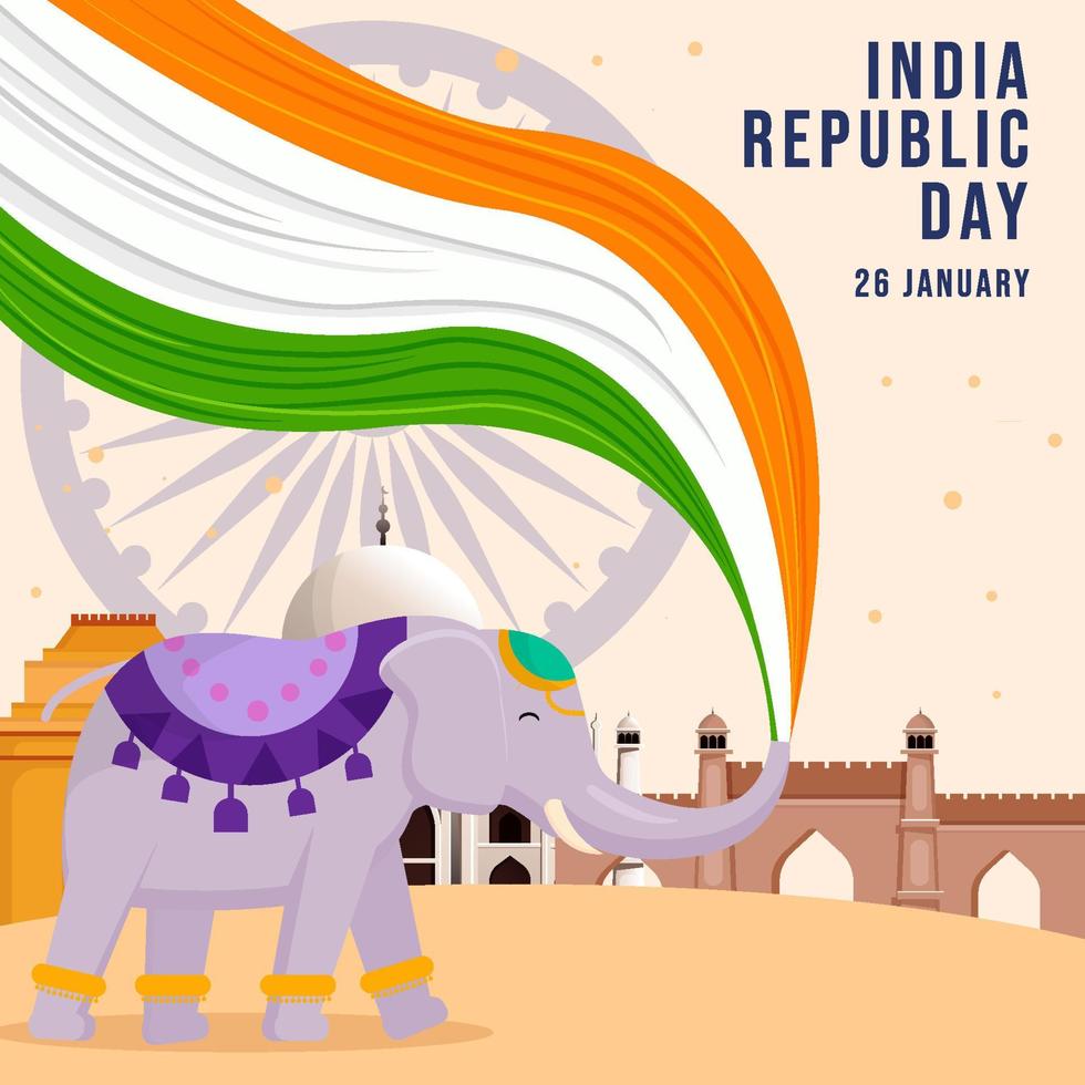 día de la república india 26 de enero con elefante sosteniendo bandera india vector