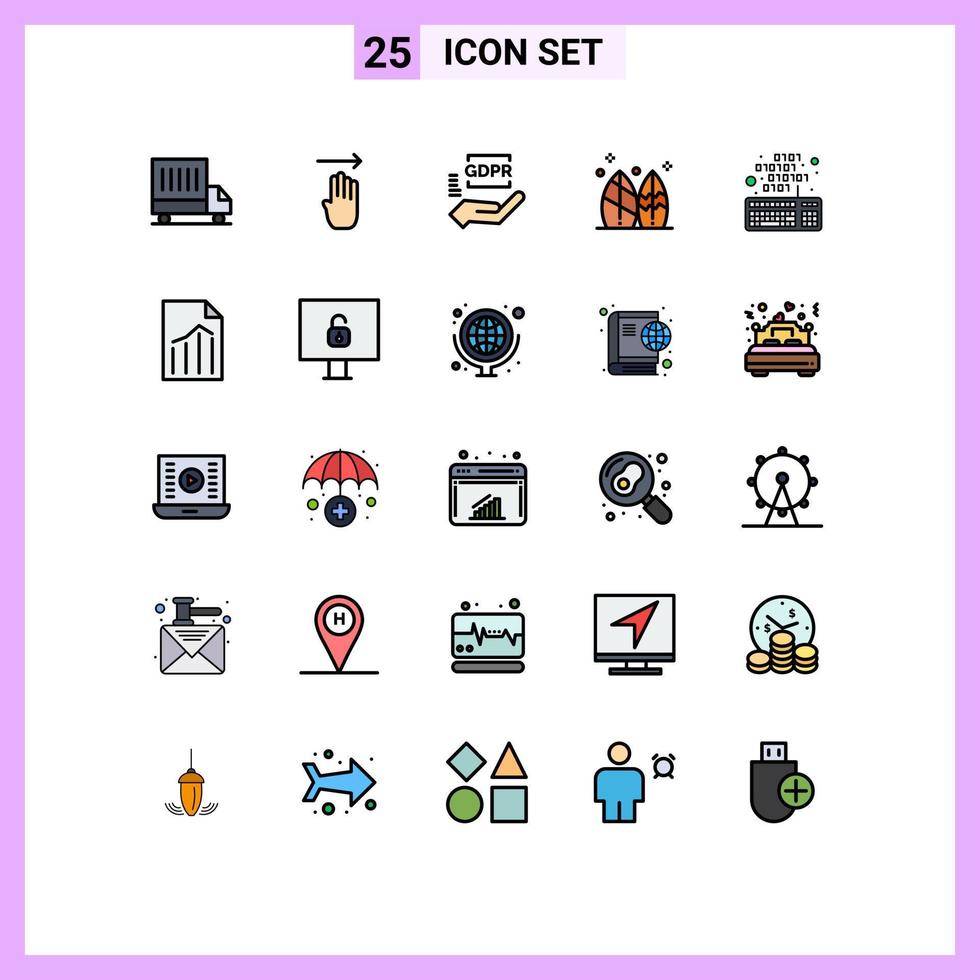 25 Universal Filled line Flat Colors Set for Web and Mobile Applications keyboard surfboard gdpr surf sport Editable Vector Design Elements