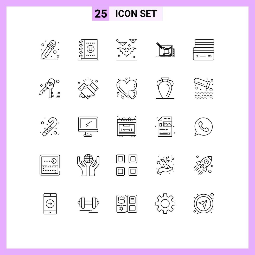Pack of 25 Modern Lines Signs and Symbols for Web Print Media such as payment credit night card line Editable Vector Design Elements
