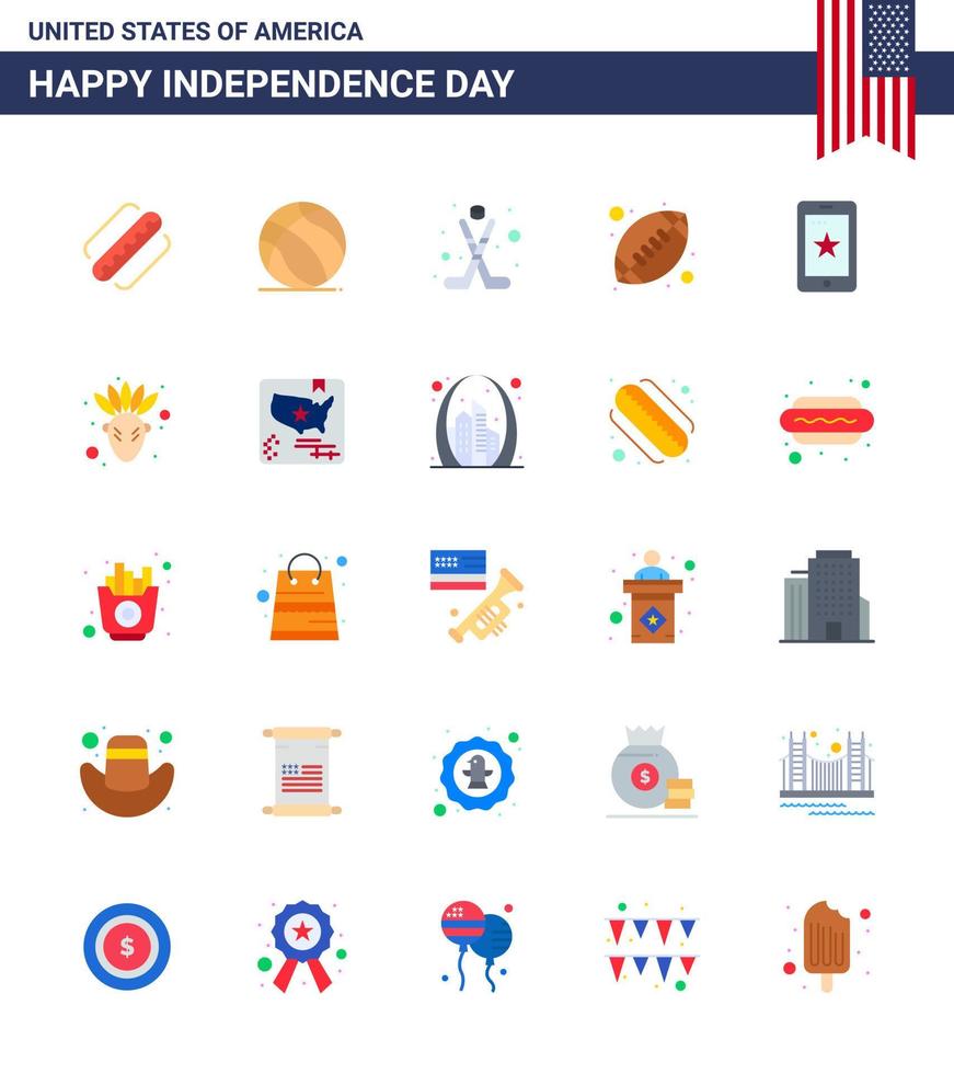 USA Happy Independence DayPictogram Set of 25 Simple Flats of phone american ball american sports ball Editable USA Day Vector Design Elements