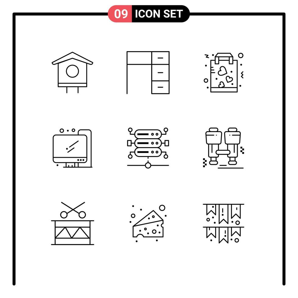 Group of 9 Modern Outlines Set for database education work computer paper Editable Vector Design Elements