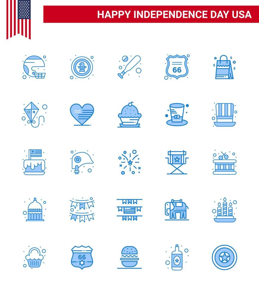 paquete de iconos de vector de stock del día americano 25 signos y símbolos azules para la celebración del escudo americano murciélago de seguridad elementos de diseño de vector de día de estados unidos editables