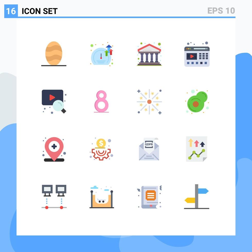 grupo de 16 signos y símbolos de colores planos para búsqueda web ciudad sitio web video paquete editable de elementos creativos de diseño de vectores