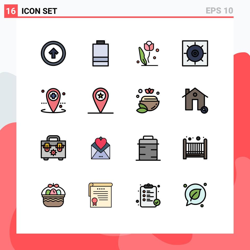 User Interface Pack of 16 Basic Flat Color Filled Lines of hospital preferences flora gears rose Editable Creative Vector Design Elements