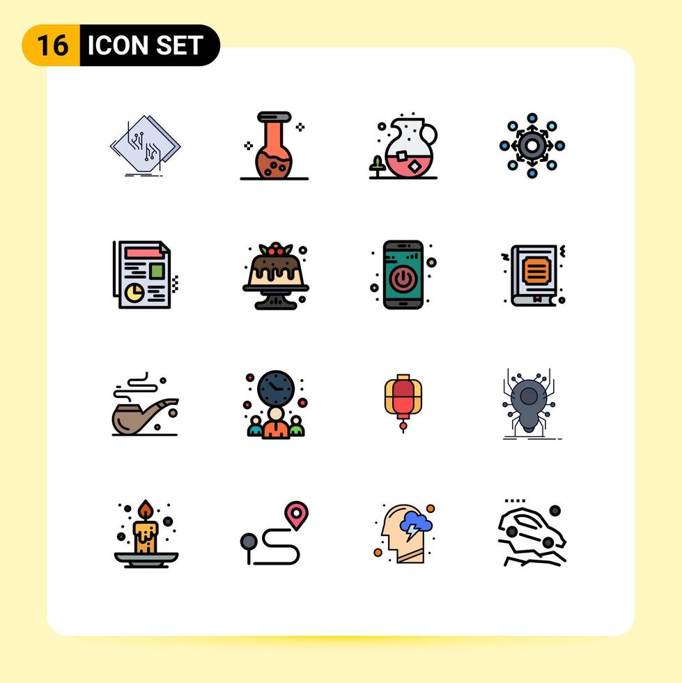 conjunto de líneas llenas de color plano de interfaz móvil de 16 pictogramas de presentación conectar química flecha beber elementos de diseño de vectores creativos editables