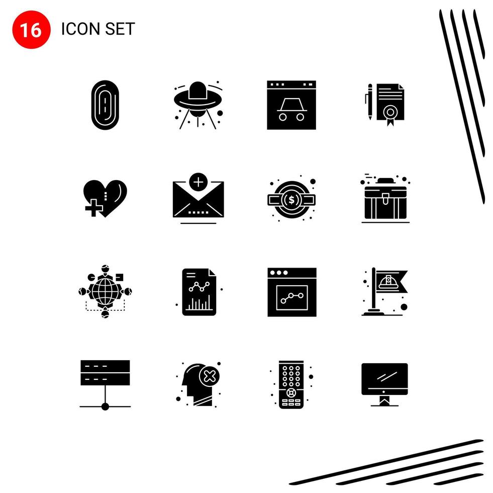 16 User Interface Solid Glyph Pack of modern Signs and Symbols of heart documents page document legal Editable Vector Design Elements