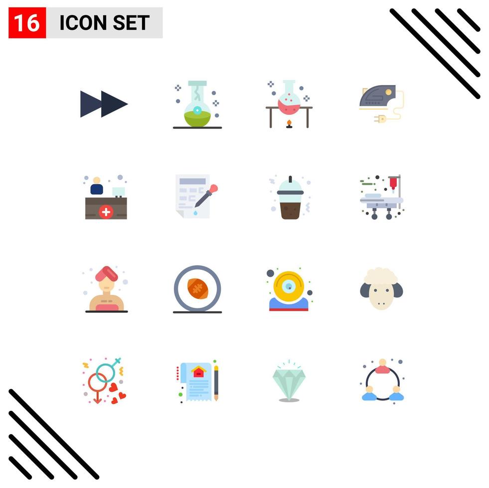 User Interface Pack of 16 Basic Flat Colors of hospital receptionist machine laboratory research iron electric Editable Pack of Creative Vector Design Elements