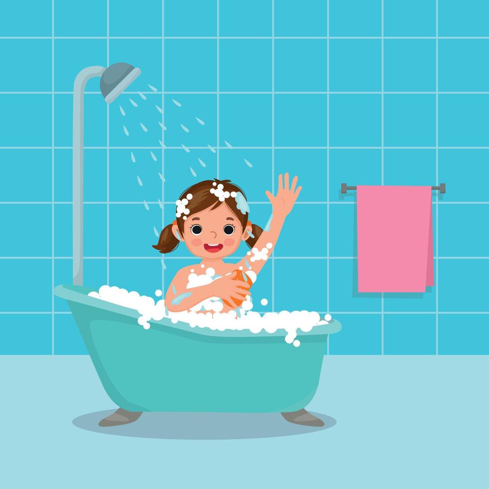 linda niña bañándose en la bañera vector