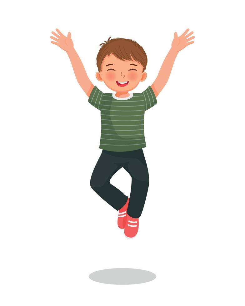 cute little boy get excited jumping with both hands raise up feeling happy vector