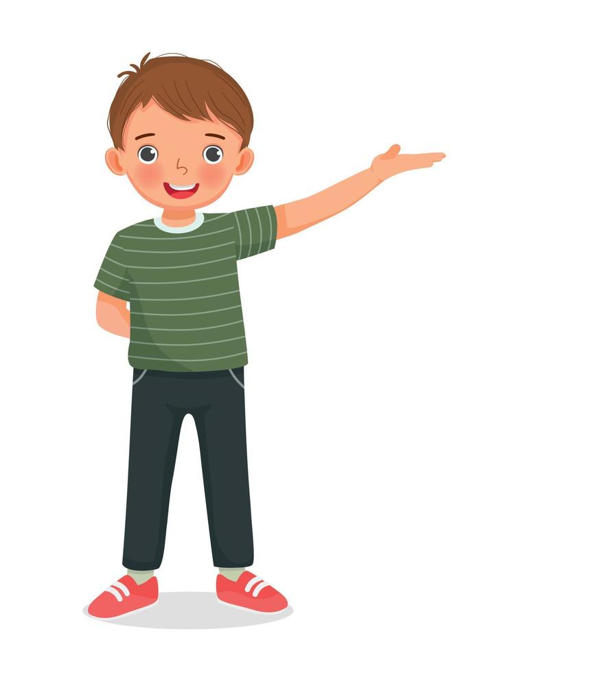 cute little boy showing presenting with hand making welcome gesture vector