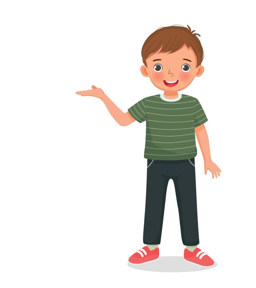 cute little boy showing presenting with hand for copy space vector