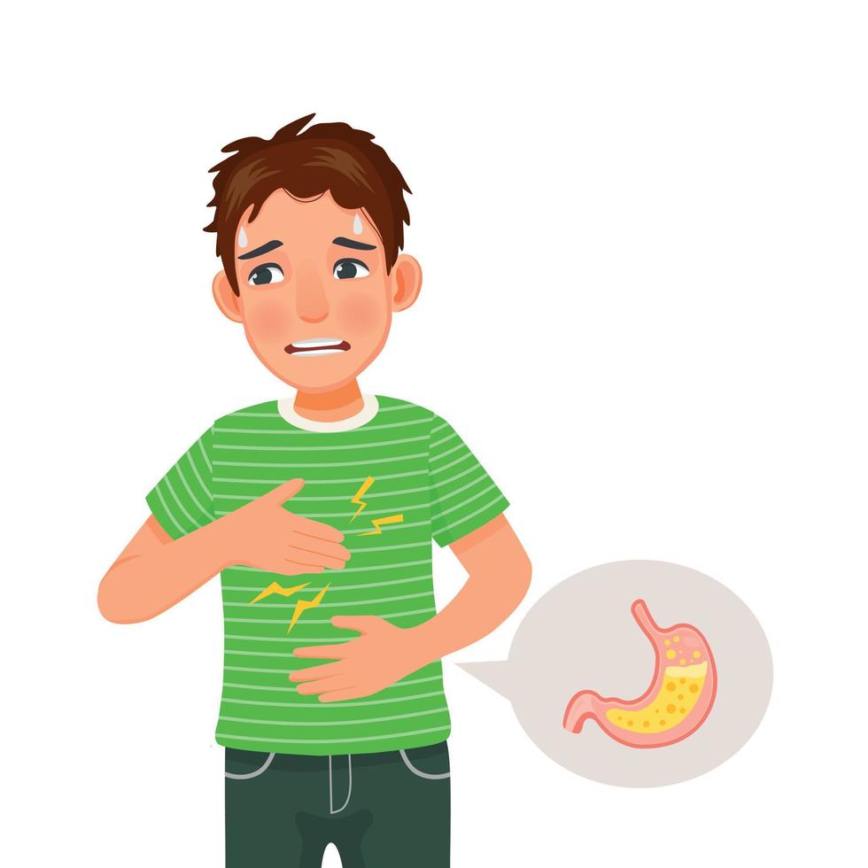 Young man suffering from acid reflux holding his chest feeling heartburn sensation vector