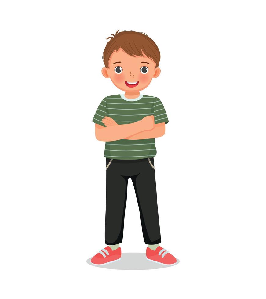 cute little boy standing with arms crossed pose vector