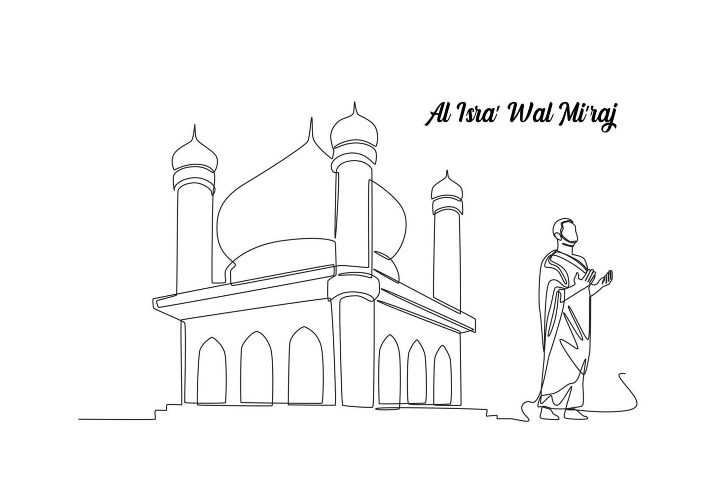 Continuous one line drawing a muslims in ihram praying to god with raised hands in mosque. Isra Misraj. Islamic events concept. Single line draw design vector graphic illustration.