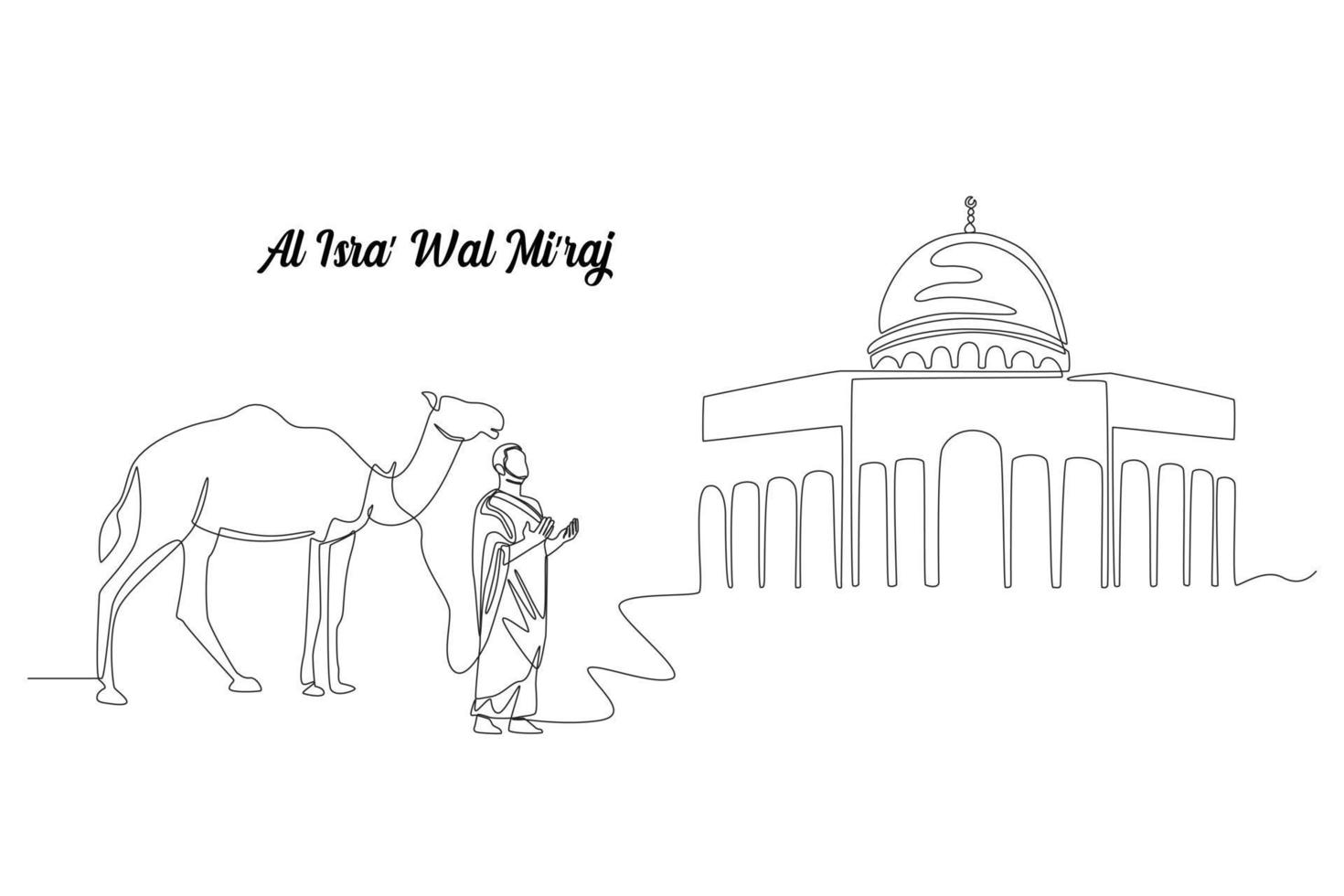 Continuous one line drawing Muslim with camel praying in front of al Aqsa mosque. Isra Miraj. Islamic events concept. Single line draw design vector graphic illustration.