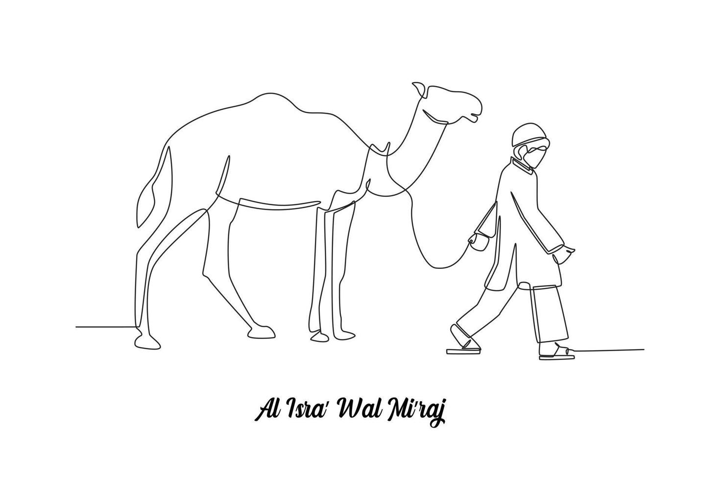 Continuous one line drawing young boy brings camel. Isra miraj. Islamic events concept. Single line draw design vector graphic illustration.