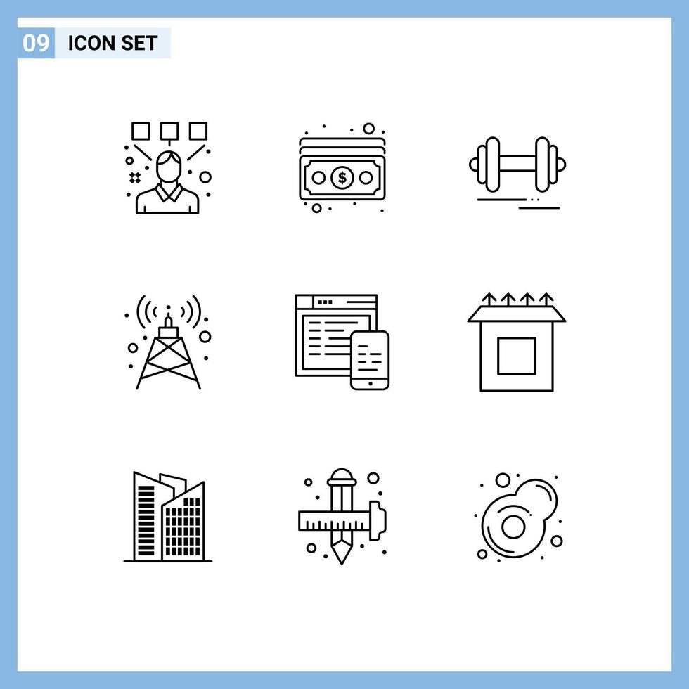 Universal Icon Symbols Group of 9 Modern Outlines of website responsive dumbbell tower antenna Editable Vector Design Elements