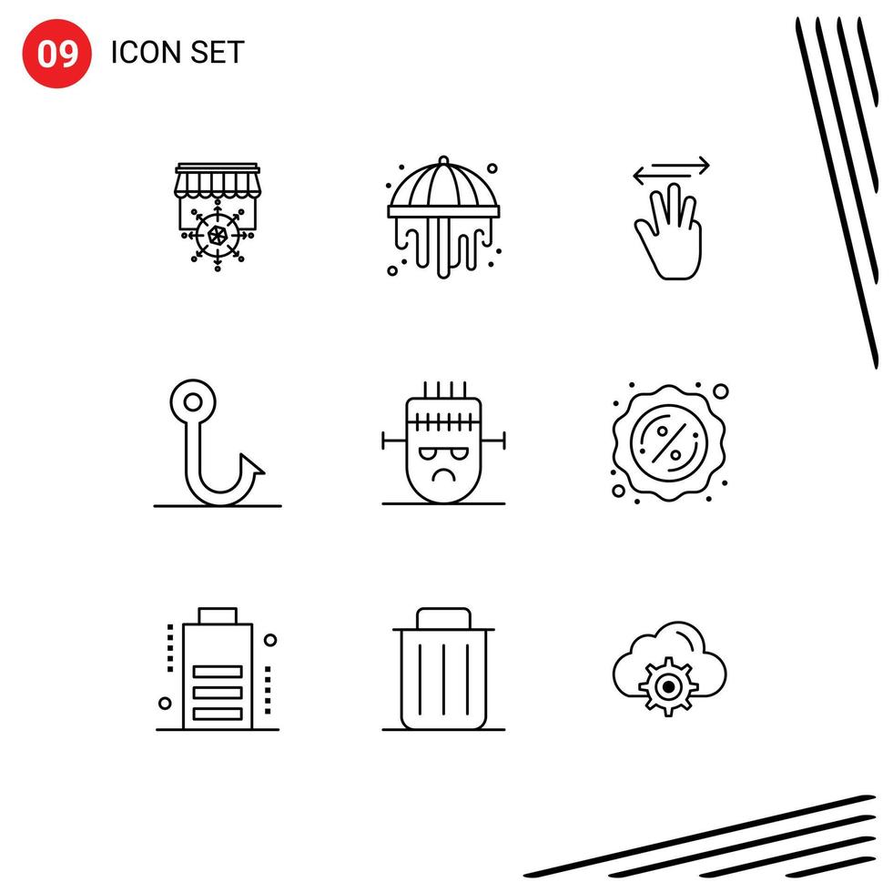 Pack of 9 Modern Outlines Signs and Symbols for Web Print Media such as halloween frankenstein hand cursor hook fish Editable Vector Design Elements