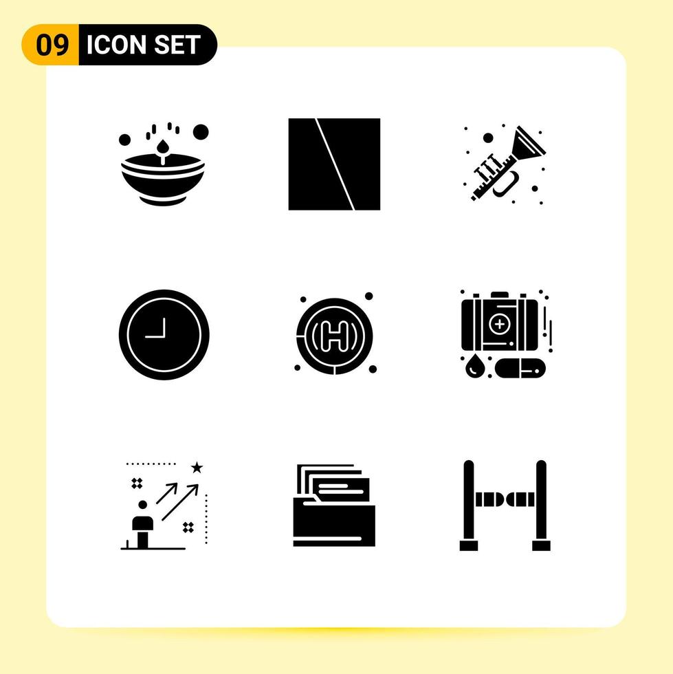 Universal Icon Symbols Group of 9 Modern Solid Glyphs of hospital clinic layout time music Editable Vector Design Elements