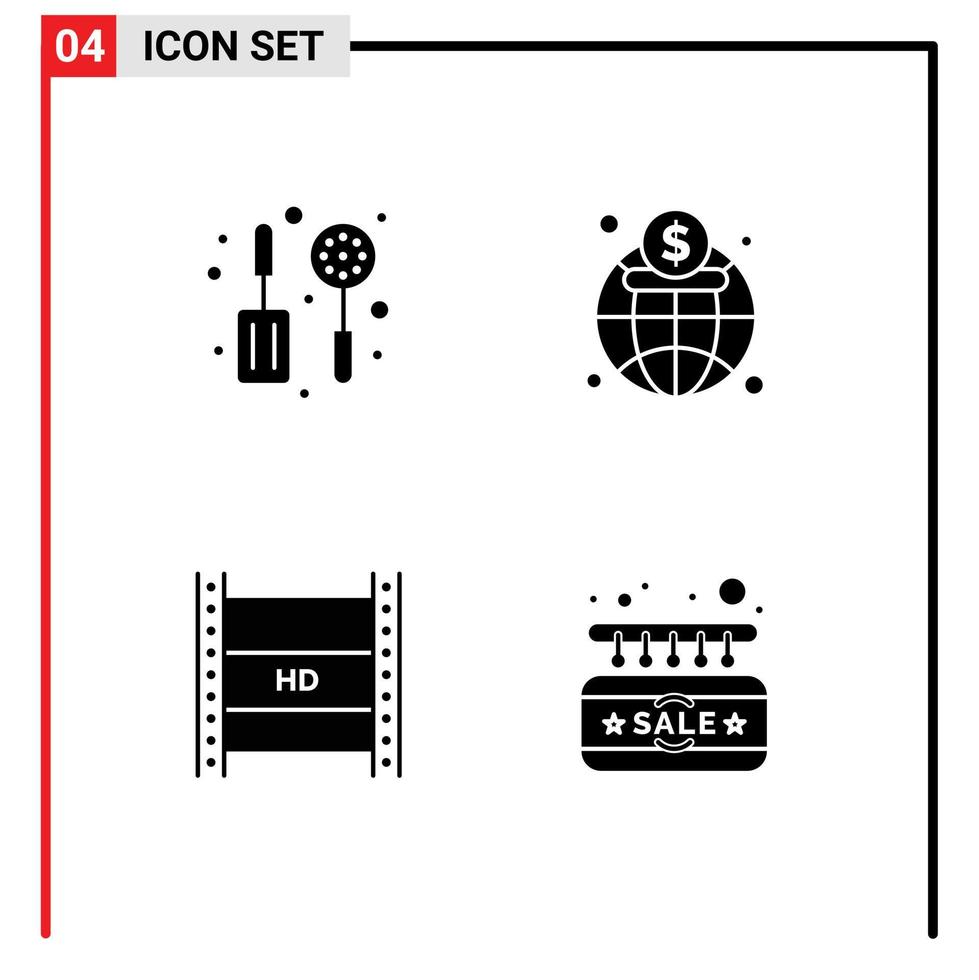 Set of 4 Vector Solid Glyphs on Grid for kitchen hd in filmmaking economy finance high Editable Vector Design Elements