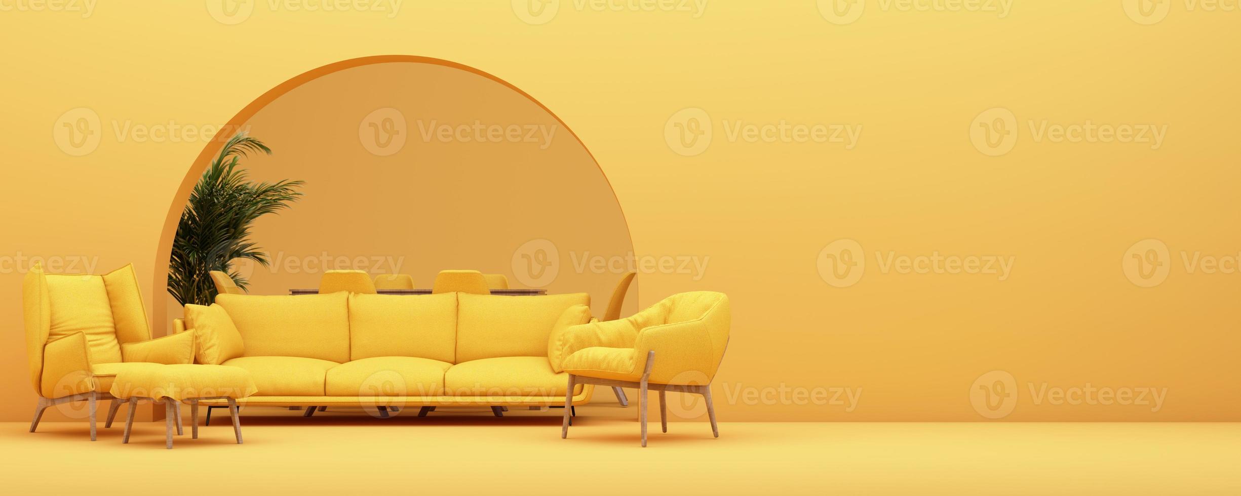 interior design concept Sale of home decorations and furniture During promotions and discounts, it is surrounded by beds, sofas, armchairs and advertising spaces banner. yellow background. 3d render photo