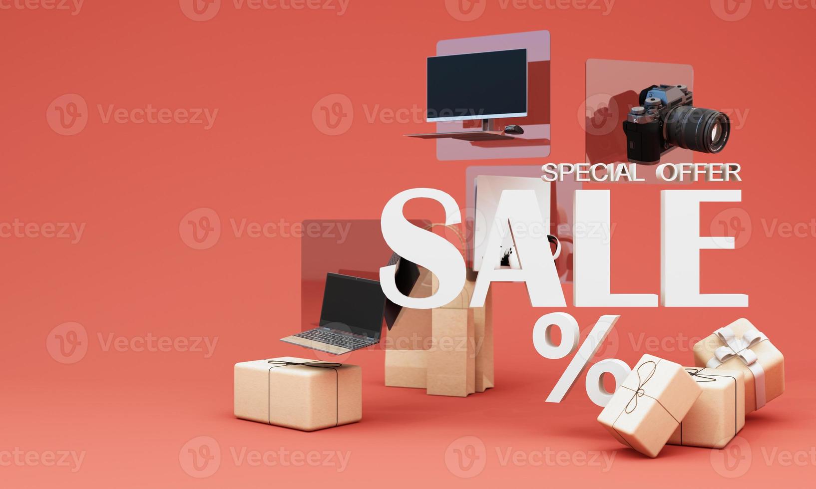 Gadgets and accessories play console with pc and laptop promotion discount with gift box and product stand for online marketing in cartoon style. 3d rendering on pastel background. photo