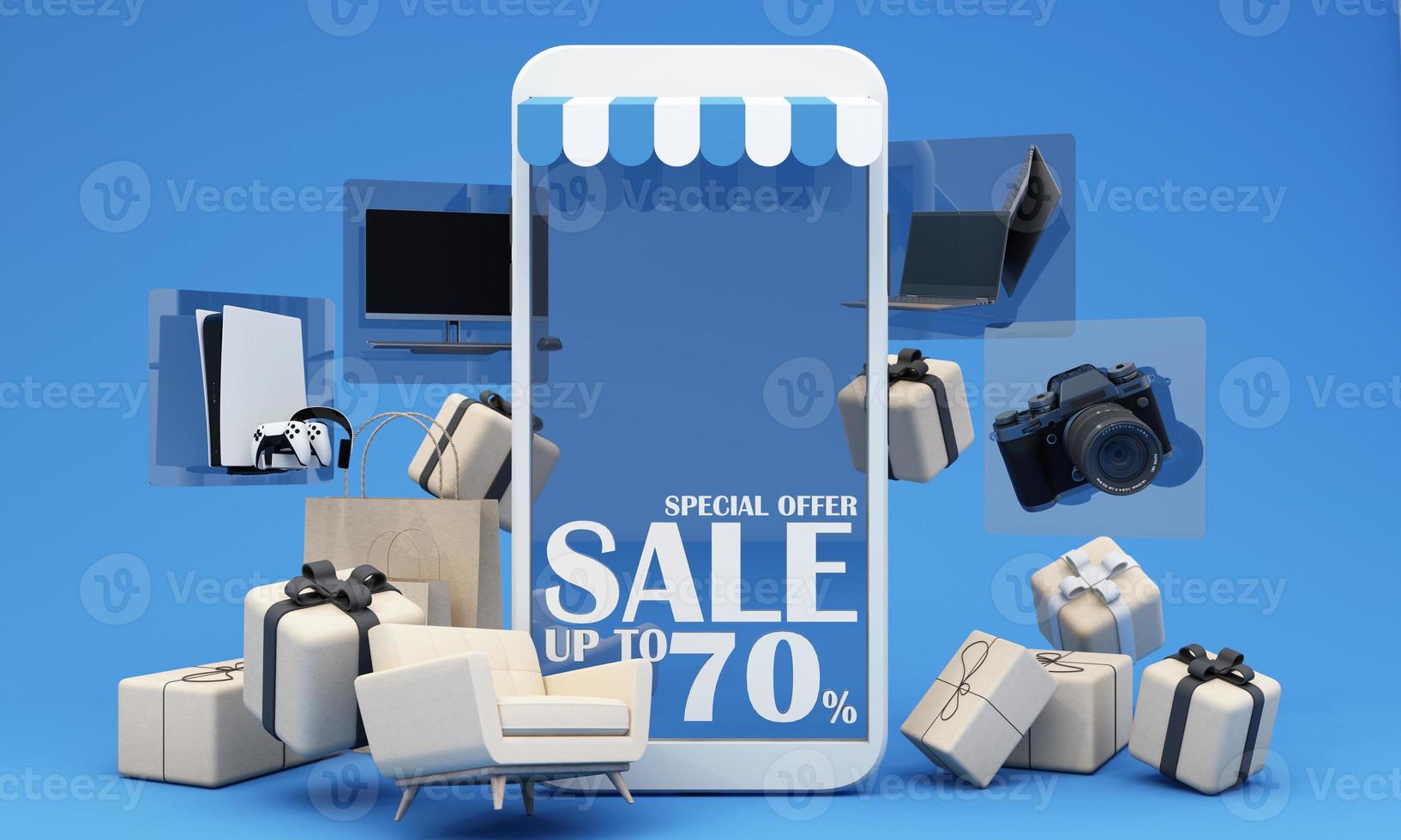 Gadgets and accessories play console with pc and laptop promotion discount with gift box and product stand for online marketing in cartoon style. 3d rendering on pastel background. photo